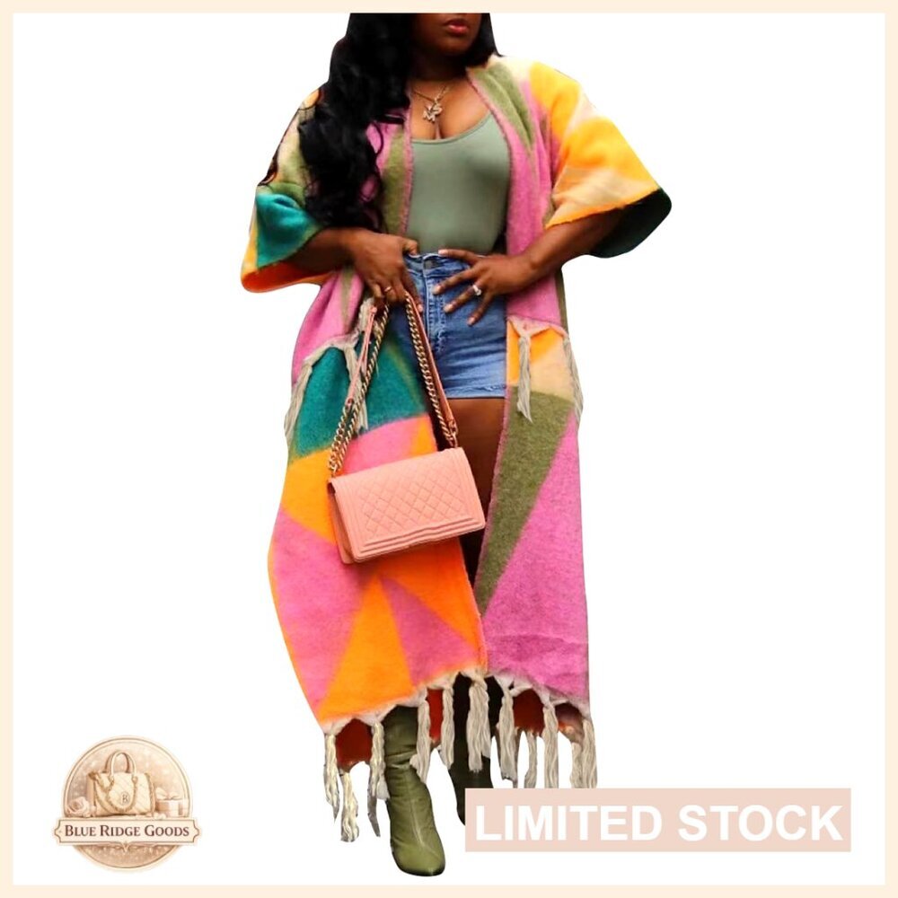 Chunky Cable Knit Cardigan Sweater Long Open Front Color Block